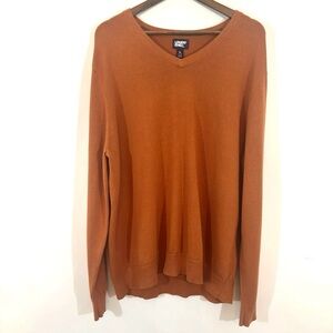 Lands' End Mens Burnt Orange Sweater Sz XL V-Neck Cotton Cabincore Dadcore